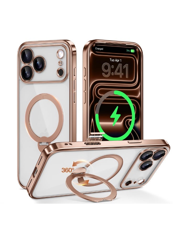 GolbinBox for iPhone 17 Pro Case with 360° Spin Magnetic Stand,[Compatible with Magsafe] [Military Protection][Built-in Ring Holder] Camera Control Phone Case for 17 Pro,Rose Gold/Clear - Image 1